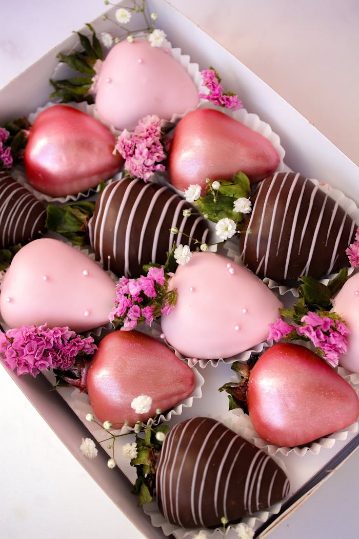 menu-08 Delicious box of chocolate covered strawberries with a floral accent, perfect for gifting.