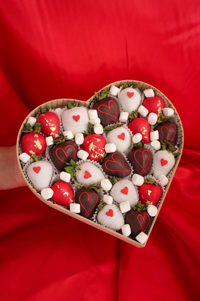 about-02 Heart-shaped box with beautiful chocolate-covered strawberries for Valentine's Day.