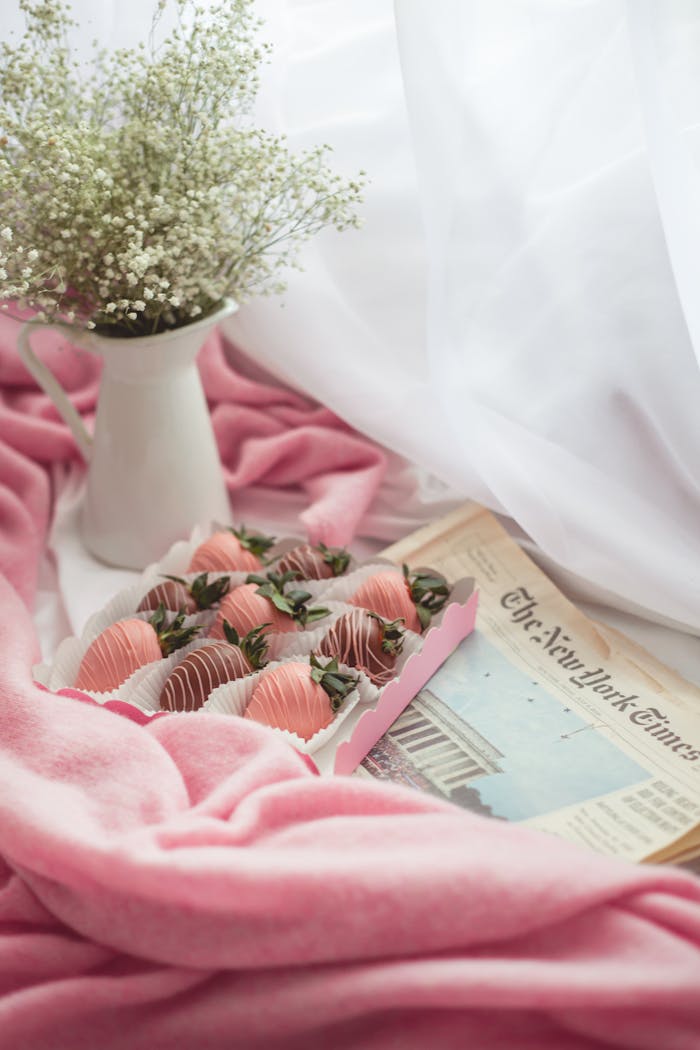 about-02 Elegant setup with chocolate-covered strawberries and flowers in pink tones.